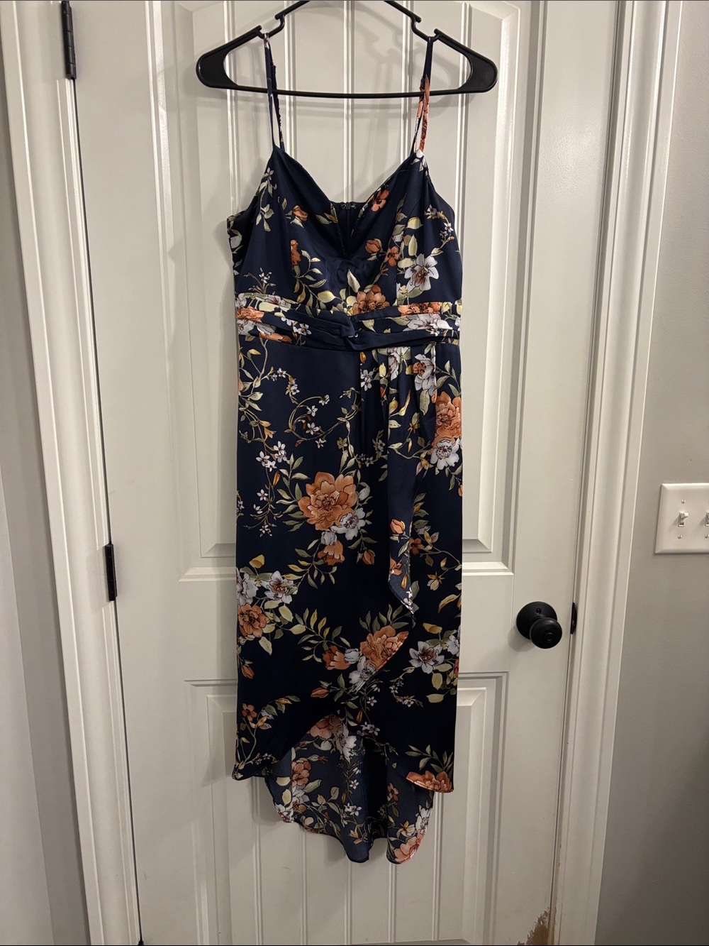 Lulu's Navy Floral High-Low Spaghetti Strap Dress with Peach Blooms